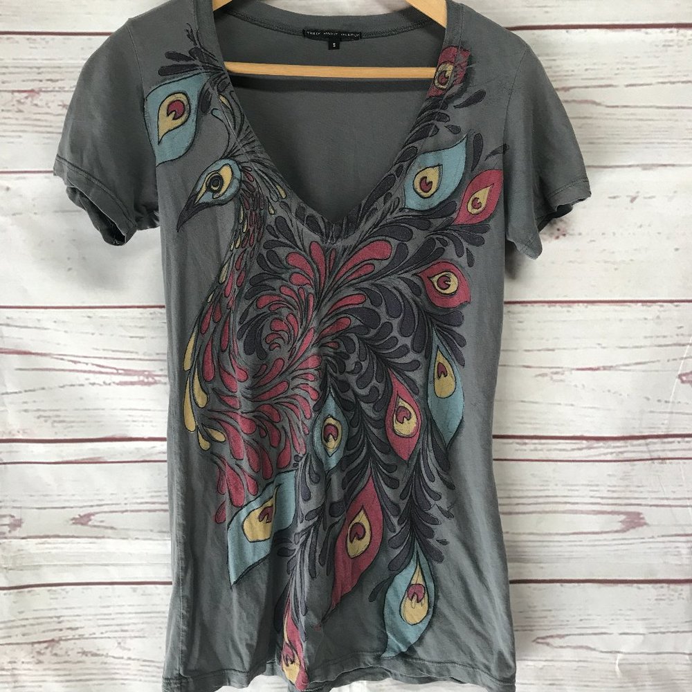 Truly Madly Deeply Deep V-neck Peacock T-shirt